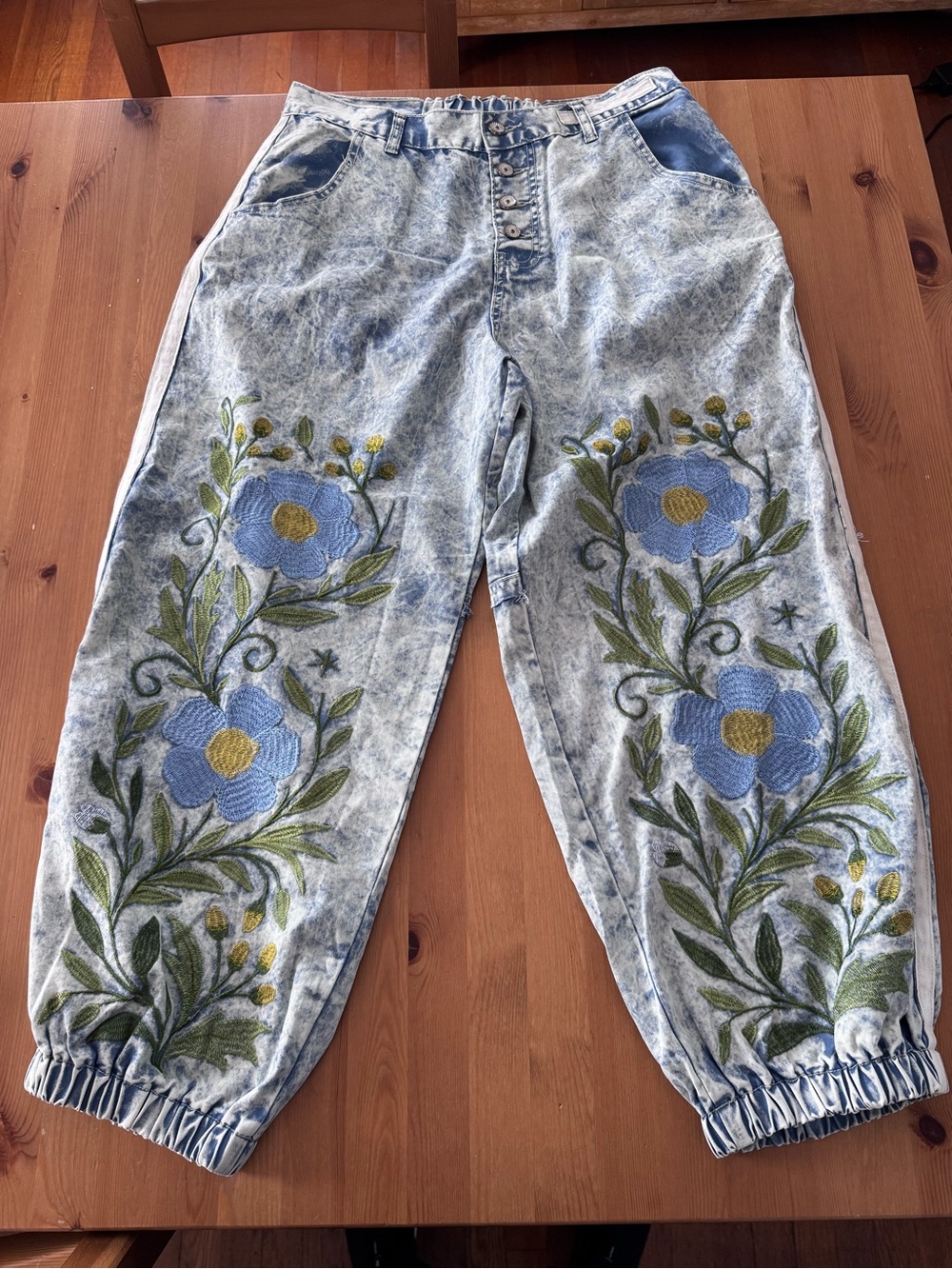 POL Floral Embroidered Blue Denim Jogger Pants